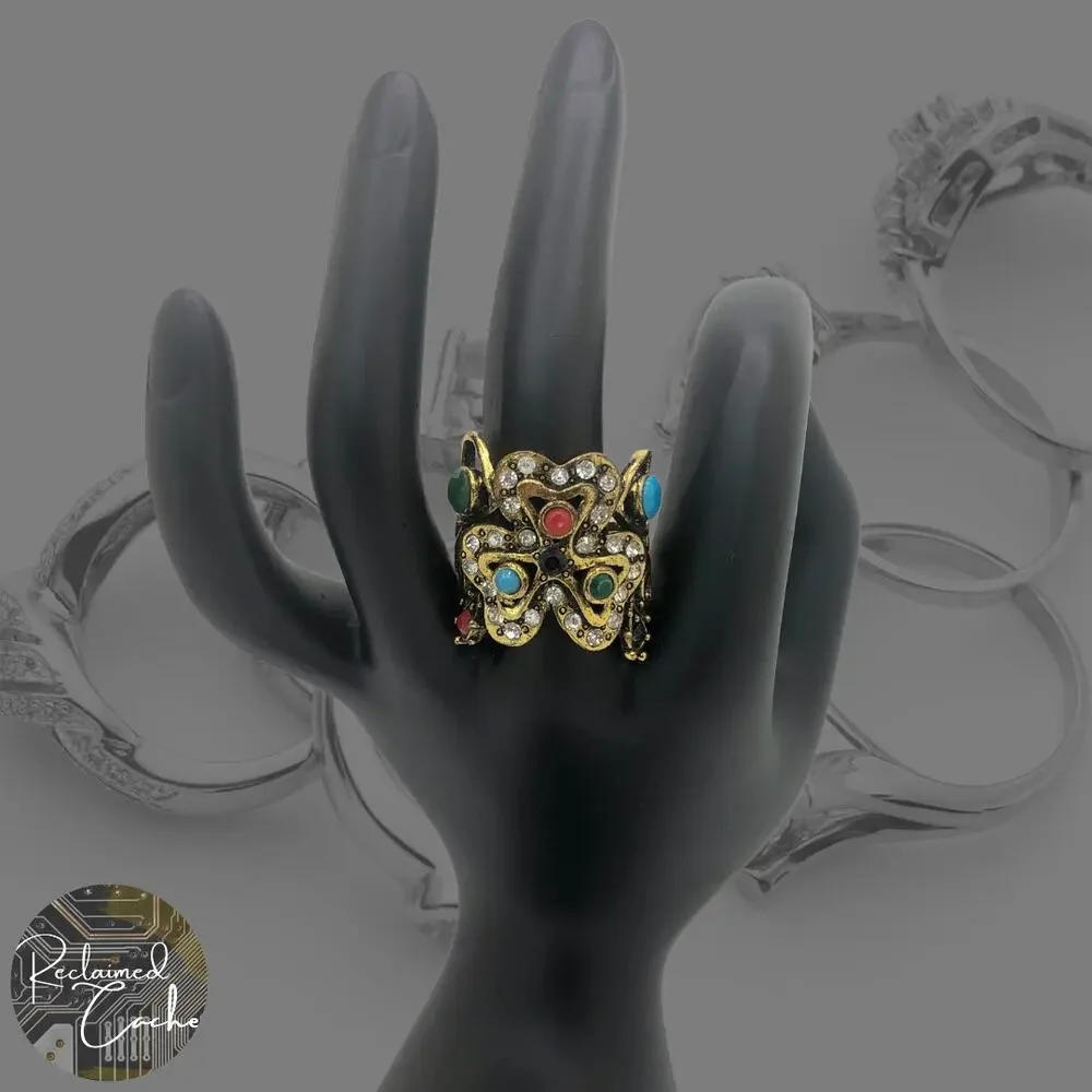 Gold and Multicolor Rhinestone Statement Ring - Size 9